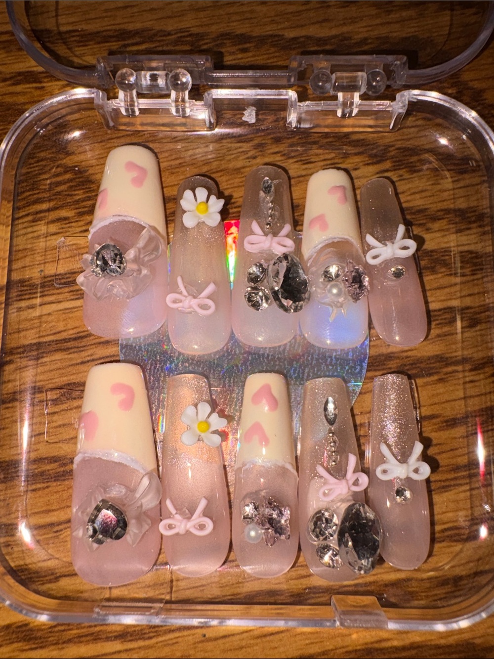 Pink & Cream Floral Heart Press-On Nails with Gems